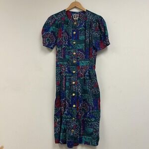 Vintage Special Effects Dress Womens 10P Multicolor Patchwork Rayon Button Midi